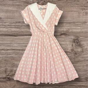 Vintage Leslie Fay Pink Polka Dot Dress 12 USA Peter Pan Collar Retro